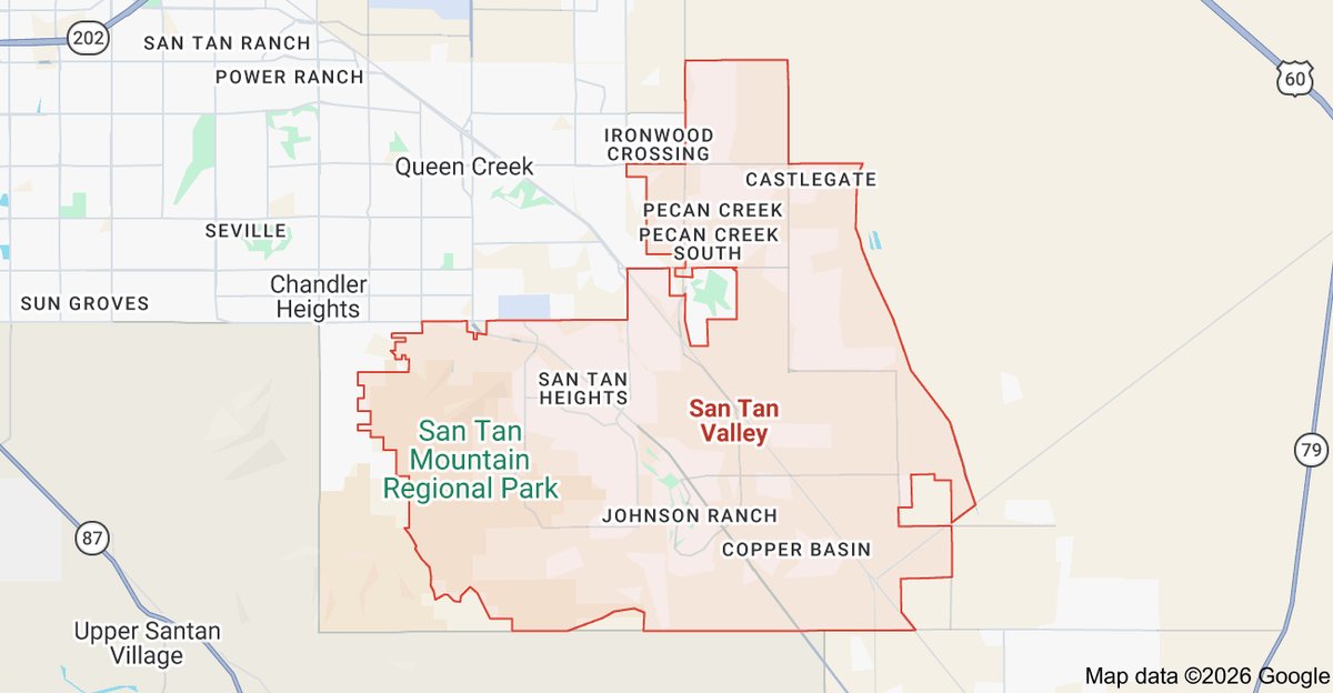 Map showing the boundaries of San Tan Valley, Arizona